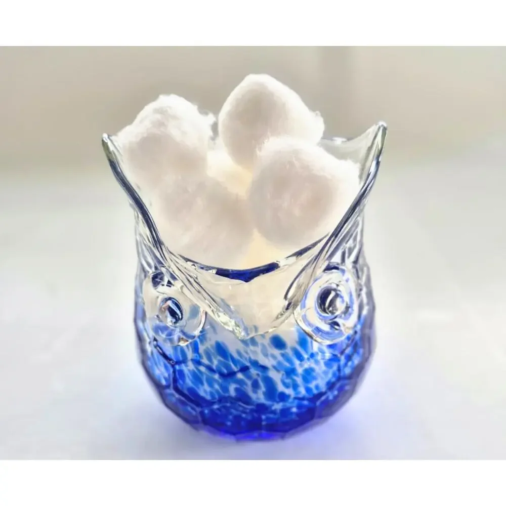Vintage Blown Glass Owl Cobalt Blue Splatter Jar Vase Candle Holder Boho Cottage
